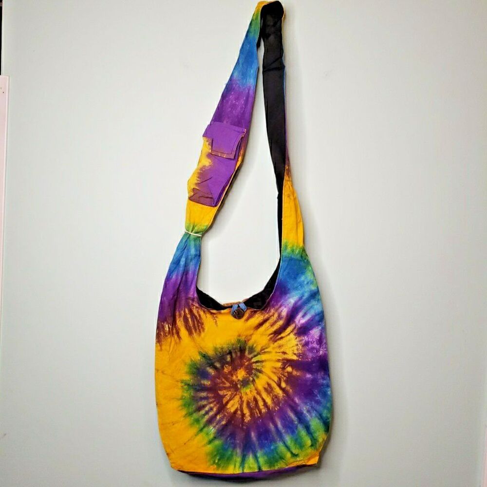 Tie Dye Crossbody Hobo Bag Psychedelic Spiral Large Fabric Purse Handmade Nepal
